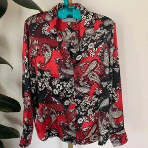 Liz Claiborne Silk Paisley Blouse Red & Black Elegant Long Sleeve P10